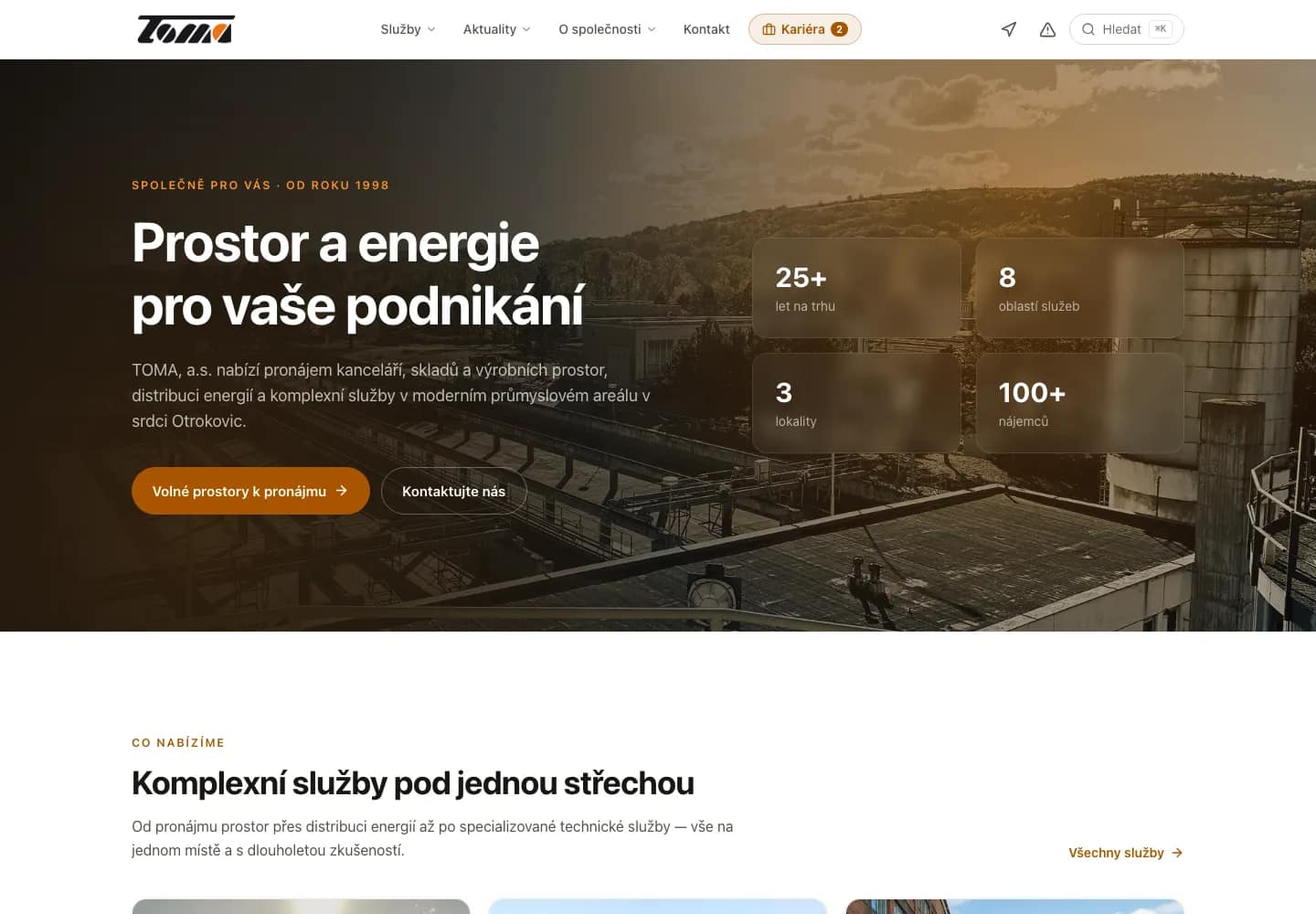 Úvodní stránka webu TOMA, a.s. na počítači