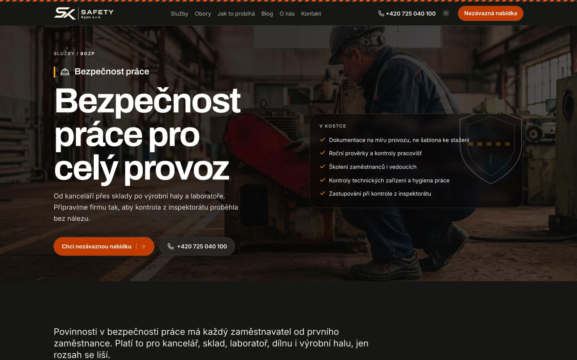 Stránka služby Bezpečnost práce s přehledem v kostce
