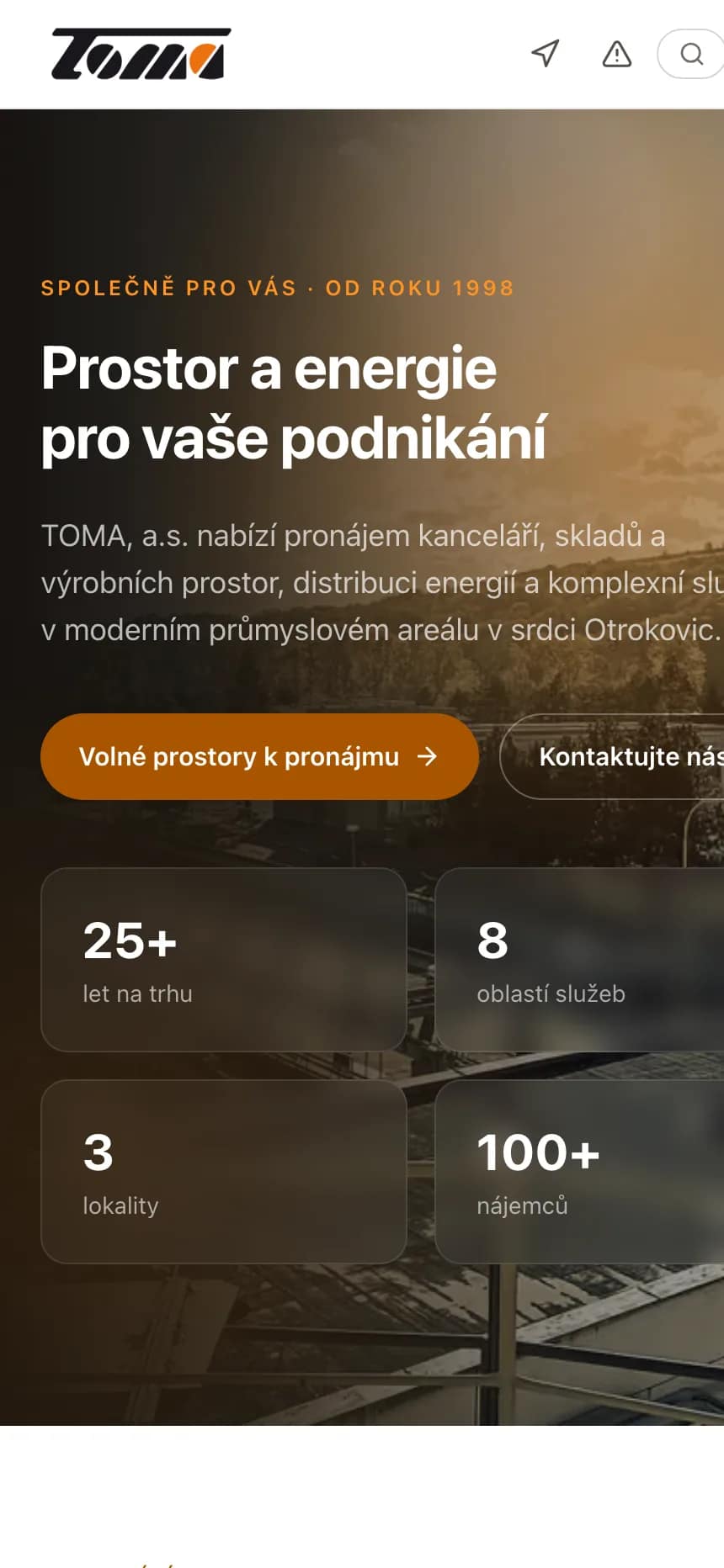 Úvodní stránka webu TOMA, a.s. na mobilu